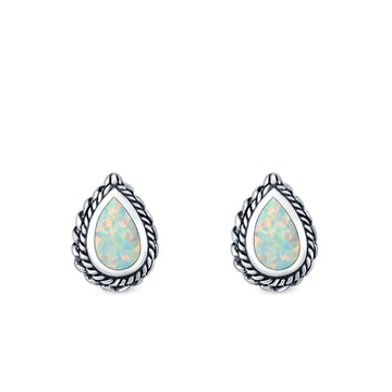 Pear Shape Stud Earrings Lab Created White Opal 925 Sterling Silver (6mm)
